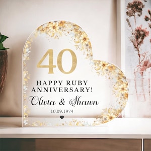 Personalised 40th Wedding Anniversary Gift, Custom Keepsake with Names and Date Romantic Mom Dad, Ruby Anniversary Heart Acrylic Plaque