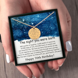 Collier 70e anniversaire, collier carte des étoiles personnalisé, la nuit de votre naissance, cadeaux 70e anniversaire pour maman et grand-mère, chapitre 70, soixante-dix ans