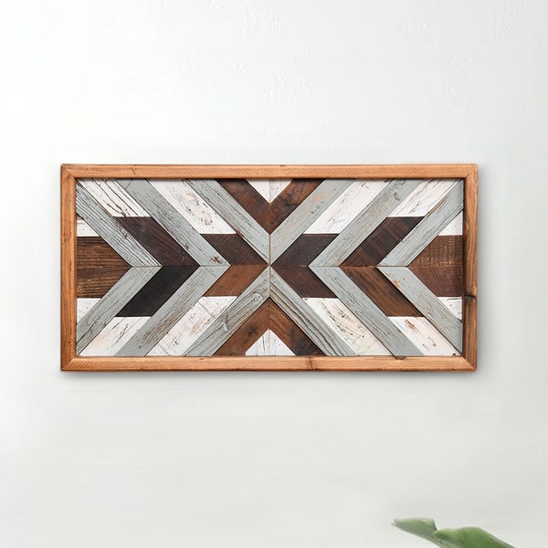 Reclaimed Wood Wall Art, Geometric Wood Art, Wood Wall Decor, Rustic Wall Art, Housewarming Gift，24 x 12 in