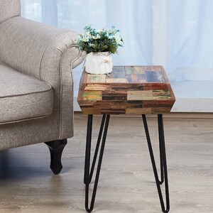 Reclaimed Wood Accent Stool, Wood Plant Stand, Accent Table, End Table for Living Room Bedroom, 14 x 14 x 20.5 in Heigh