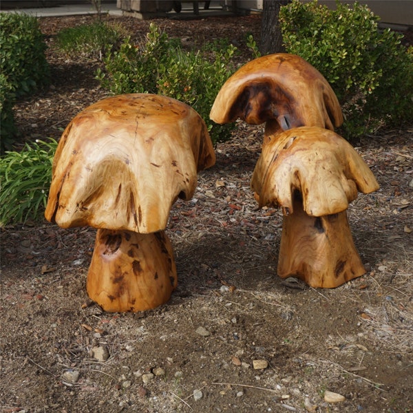 Natural Cedar Wooden Mushroom Stool, Live Edge Mushroom Sculpture Handmade Gift Home Decoration, Garden Furniture, Rustic