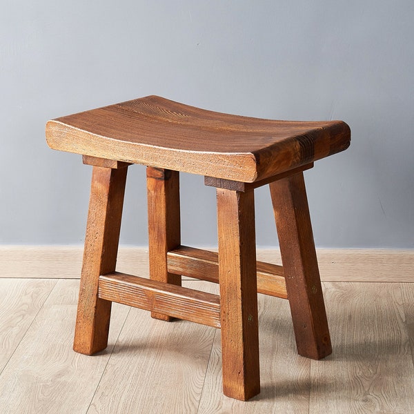 Handmade Old Pine Wood Stool with Curved Seat, Entryway Bench, Counter Stool, Bath Shower Stool, Step Stool,Plant Stand,Makeup Stool 18.5" H