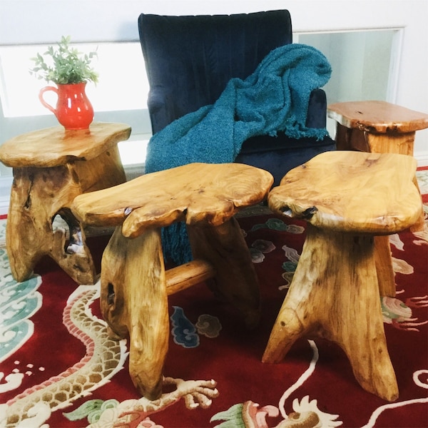 Rustic Natural Edge Wood Bench, Live Edge Cedar Wooden Stool, End Side Table, Nightstand Plant Stand, Unique Accent Table, Porch Decor
