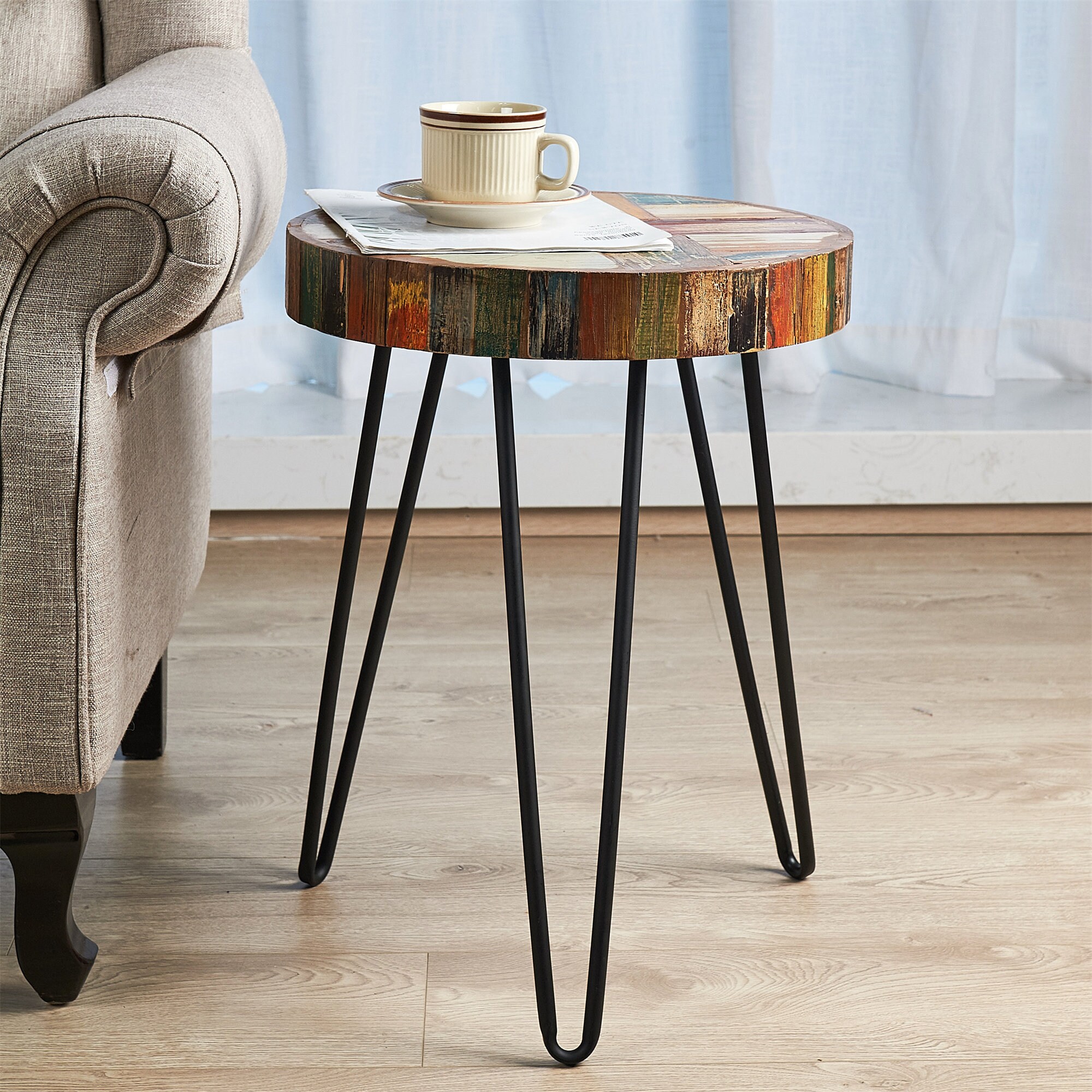 Reclaimed Wood Side Table, Multicolored Small Rectangular End Table  Entryway Bench for Living Room Bedroom, 13x21.5x17 Heigh 