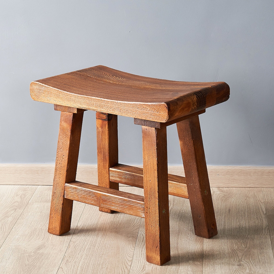 Handmade Old Pine Wood Stool With Curved Seat, Entryway Bench, Counter