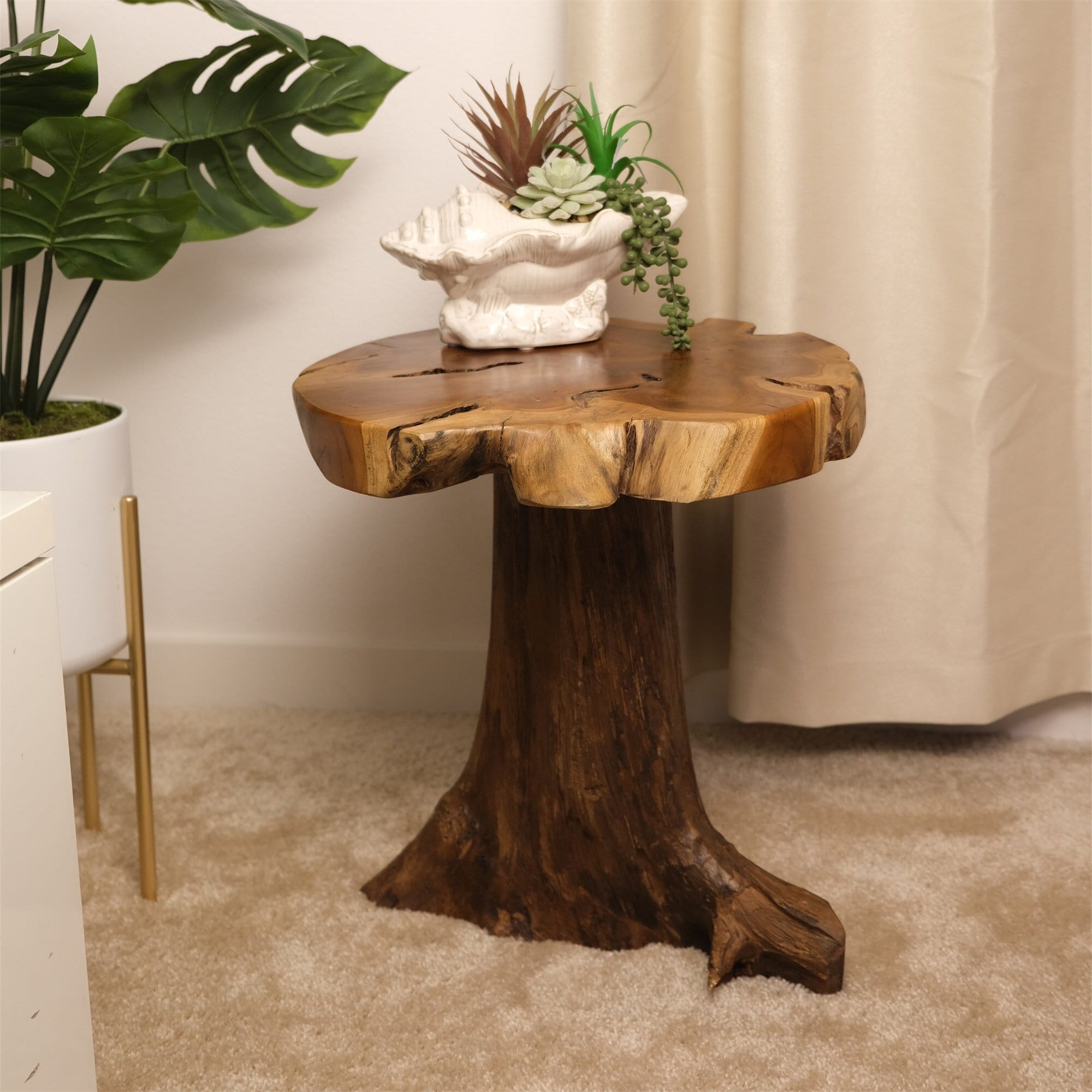 Handcrafted Teak Tree Stump Side Table, Live Edge Stool, Natural Edge Wood End Table, Accent Table, 20" Tall, Rustic, Black Brown