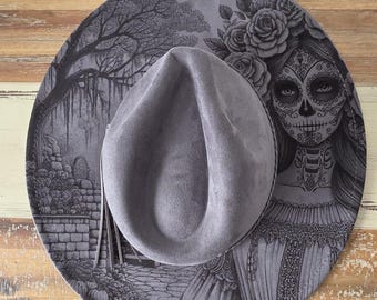 Hand Burnt Distressed Catrina Skull and Rose Design | Suede  display picture 1