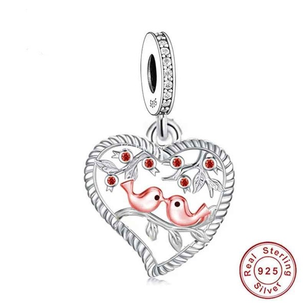 Inséparables en filigrane sur une branche d'arbre, symbole de l'amour, breloque oiseau en argent sterling 925