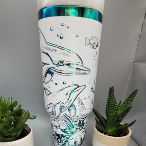 Dolphins, under the Sea, Ocean theme white and green blue Engraved 40oz Double Wall Insulated Tumbler with Handles