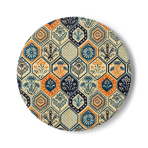 Vintage zeshoekige keramische onderzetter met bloemenmotief | Boho blauw-oranje kurken achterkant