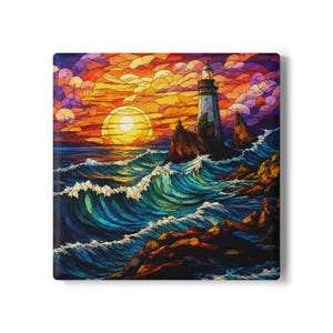 Lighthouse Sunset Ocean Waves Ceramic Coaster | Coastal Seascape Art