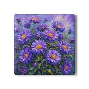 May include: An oil painting on canvas depicting a cluster of vibrant purple aster flowers with bright yellow centers. The artwork features thick, visible brushstrokes and a textured impasto technique, set against a soft, light blue background.