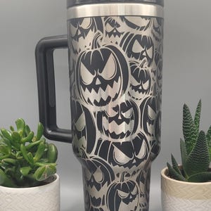 Jack o Lanterns, Pumpkins, Halloween Ghostly Engraved 40oz Double Wall Insulated Tumbler with Handles