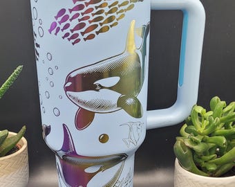 Orca, orka's gegraveerde 40oz dubbelwandige geïsoleerde beker met handgrepen