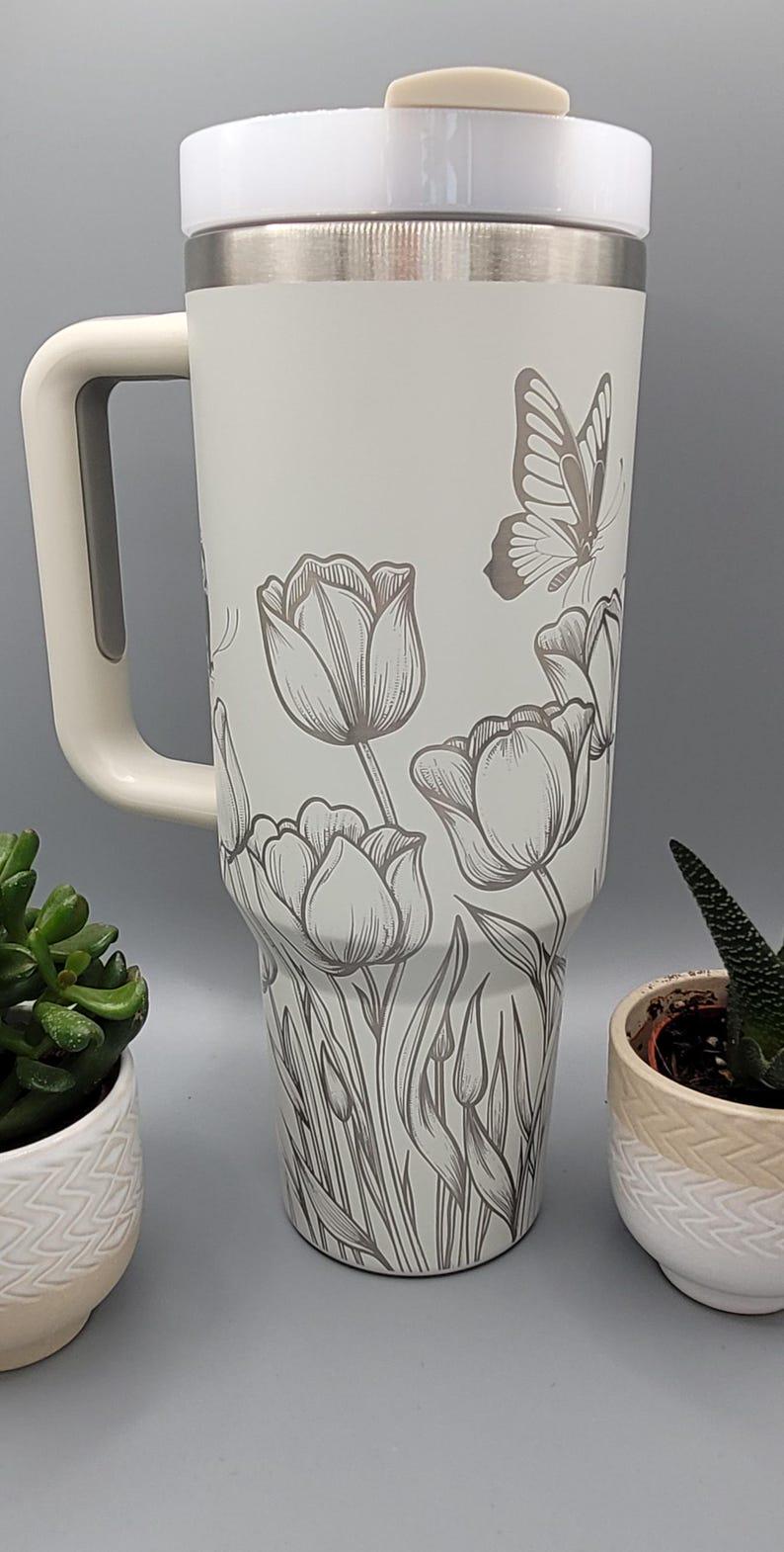 Tulip, Butterflies, Butterfly, Garden flowers Engraved 40oz Double Wall Insulated Tumbler with Handles
