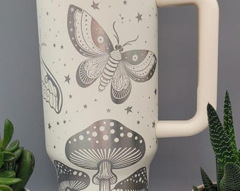 Moths, Moonlight, Mushrooms, Boho groovy Garden 40oz Engraved 40oz Double Wall Insulated Tumbler with Handles
