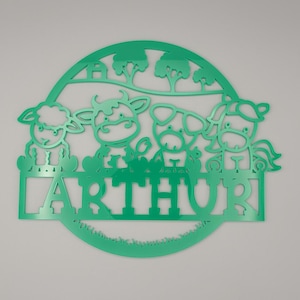 Personalised cute Farm animals bedroom Decor, On the Farm, Sheep, Cow, Horse, Pig name sign Name, door or wall hanger In Acrylic or wood