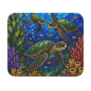 May include: A rectangular mouse pad featuring a stained glass style illustration of three sea turtles swimming in deep blue water. The scene includes green seaweed, purple and red coral, yellow tube sponges, and small colourful tropical fish.