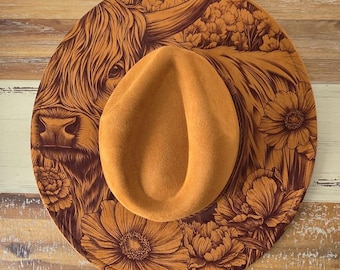 Longhorn Cow Floral Skull Hand Burned Custom Wide Brim  display picture 2