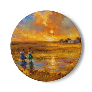 African Sunset Marsh Landscape Ceramic Coaster | Impressionist Scene, Two Figures