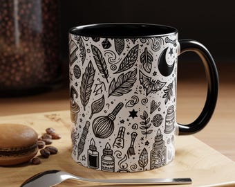 Accentkoffiemok met mystiek thema, Witchy-mok, zwart-witontwerp, ideaal cadeau voor heksen, Halloweendecor, gezellige sfeer, koffieliefhebbers