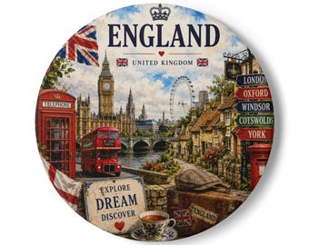 England Landmark Collage Ceramic Coaster | London Big Ben Telephone Box Union Jack