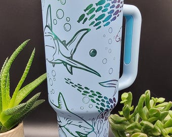 Sharks, Under the sea, Ocean Blue with rainbow Engraved 40oz Double Wall Insulated Tumbler with Handles