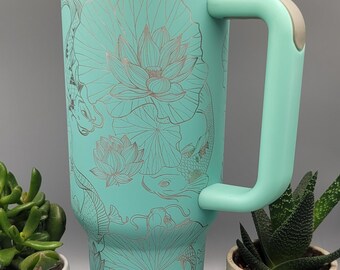 Koi Fish Engraved 40oz Double Wall Insulated Tumbler with Handles