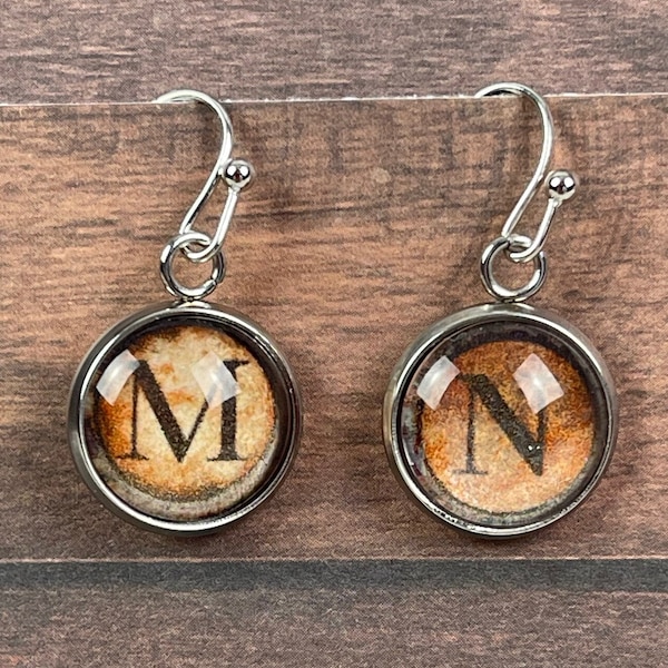 Earrings vintage typewriter key initials ear wire fishhook drop dangle silver retro boho hippie custom personalized gift 12mm cabochon