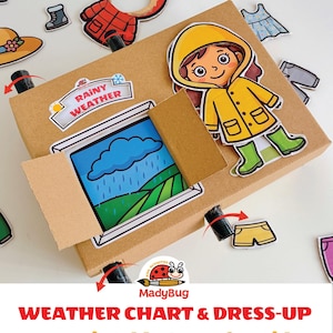 May include: A cardboard weather chart and dress-up game featuring a character in a yellow raincoat and green boots. The box includes a window showing a rainy weather scene, a label reading RAINY WEATHER, and various paper clothing cutouts.