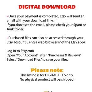 K&ouml;nnte beinhalten: Ein digitales Download-Informationsblatt mit rotem und orangefarbenem Text auf wei&szlig;em Hintergrund. Es erkl&auml;rt den Zugriff auf Dateien per E-Mail oder &uuml;ber das Etsy-Konto, weist auf digitale Dateien hin und zeigt ein Marienk&auml;fer-Logo mit der Aufschrift MadyBug.