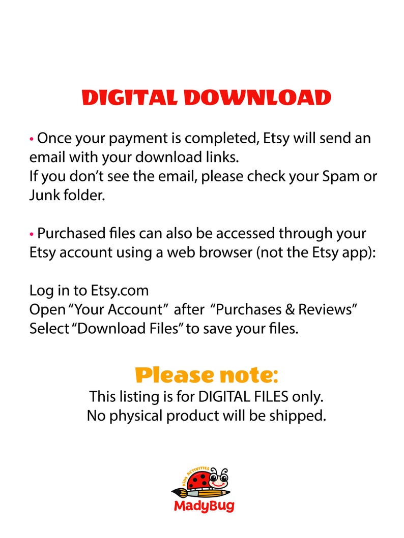 K&ouml;nnte beinhalten: Ein digitales Download-Informationsblatt mit rotem und orangefarbenem Text auf wei&szlig;em Hintergrund. Es erkl&auml;rt den Zugriff auf Dateien per E-Mail oder &uuml;ber das Etsy-Konto, weist auf digitale Dateien hin und zeigt ein Marienk&auml;fer-Logo mit der Aufschrift MadyBug.