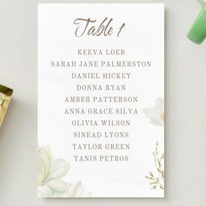 May include: A rectangular white table seating chart card featuring the text Table 1 followed by a list of names including Keeva Loeb, Sarah Jane Palmerston, Daniel Hickey, Donna Ryan, Amber Patterson, Anna Grace Silva, Olivia Wilson, Sinead Lyons, Taylor Green, and Yanis Petros, decorated with watercolor floral illustrations in the corners.