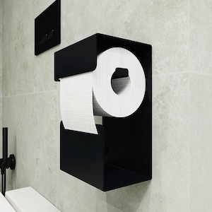 Porta-rolos de papel higiênico moderno preto N3, suporte para papel higiênico com prateleira para telefone e rolo extra, aço, acessórios de banheiro minimalistas, design n-line