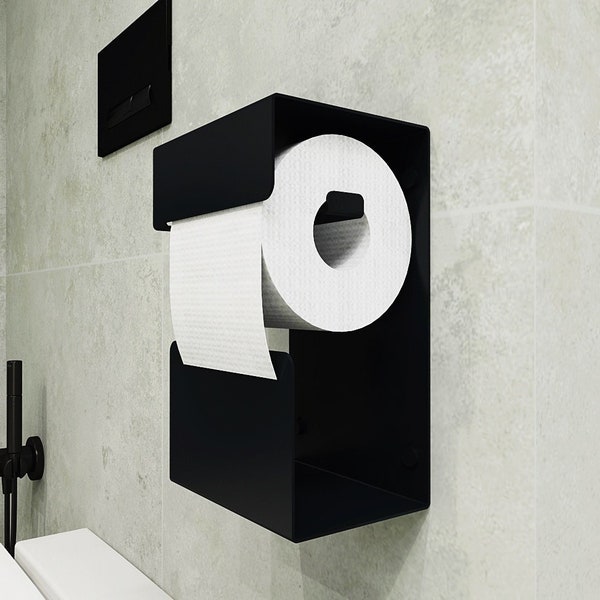 Black modern Toilet roll holder N3, toilet paper holder with phone & spare roll shelf, steel, minimalist bathroom accessories, n-line design