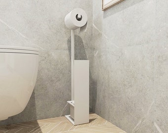 White Toilet brush holder with toilet paper holder NEPTUN, Hidden toilet brush, Modern and minimalist