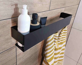Étagère de salle de bain moderne noire avec porte-serviettes NULTI, étagères de douche avec rampes, cintres, accessoires de salle de bain minimalistes, design n-line