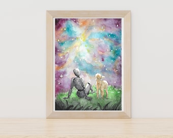 Watercolor painting - Poster child's room - Illustration galaxy - The Robot and the lamb