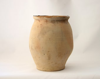 Grande jarre en terre cuite française des années 1900, authentique provincial, intérieur jaune émaillé en forme de tonneau, vase de rangement/jardinière