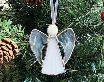 Stained Glass Angel, Winged Angel Decoration, Angel gift, memorial angel, Angel with halo, Hanging White Angel, Mothers day angel gift