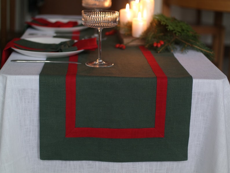 Soft Linen Table Runner, Natural Linen Table Decor, Stonewashed Table Runners, Dark Green Table Linens, Custom Table Runner, Linen Gift image 6