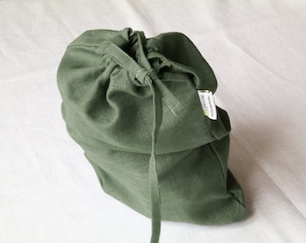 Green linen drawstring bag. Linen kitchen storage. Linen storage bag. Baker Gift. Large clothes bag. Custom bag. Baguette bag