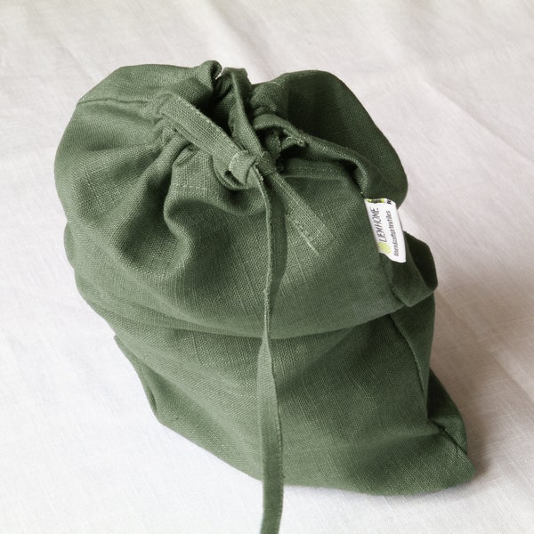 Green linen drawstring bag. Linen kitchen storage. Linen storage bag. Baker Gift. Large clothes bag. Custom bag