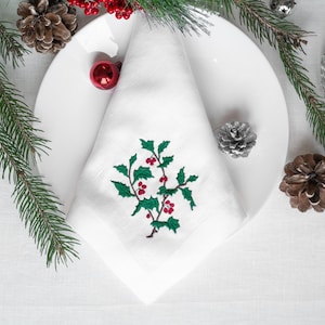 Linen napkins with holly, Christmas Holly Embroidered Linen Napkins, Holiday Napkins with Holly, Christmas Napkins, Christmas Linens gift