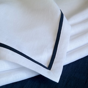 Softened linen napkins. Mitered corners linen napkins. Linen napkin with blue edging. Custom linen napkins with various colors, sizes
