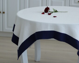 White linen tablecloth with edging. Natural linen tablecloth. Custom tablecloth various colors, sizes. Linen tablecloth. Large tablecloth