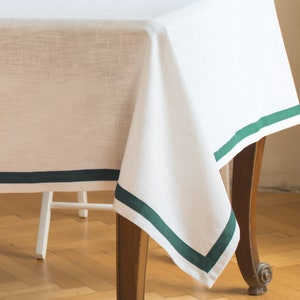 Linen tablecloth with green edging/Stonewashed linen tablecloth/Natural linen tablecloth/Tablecloth for thanksgiving/Custom linen tablecloth image 1