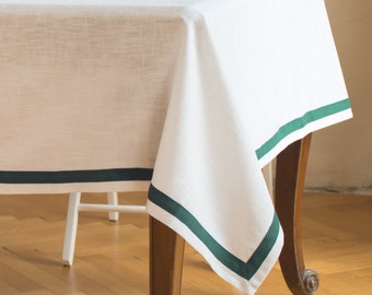 Linen tablecloth with green edging/Stonewashed linen tablecloth/Natural linen tablecloth/Tablecloth for thanksgiving/Custom linen tablecloth