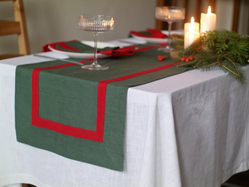 Soft Linen Table Runner, Natural Linen Table Decor, Stonewashed Table Runners, Dark Green Table Linens, Custom Table Runner, Linen Gift image 9