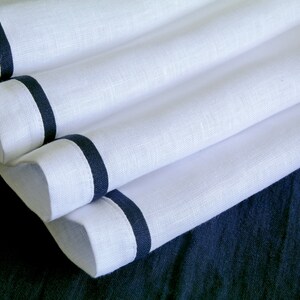 Softened linen napkins. Linen napkin border. Mitered corners linen napkins. Linen napkin with blue edging. Custom linen napkins
